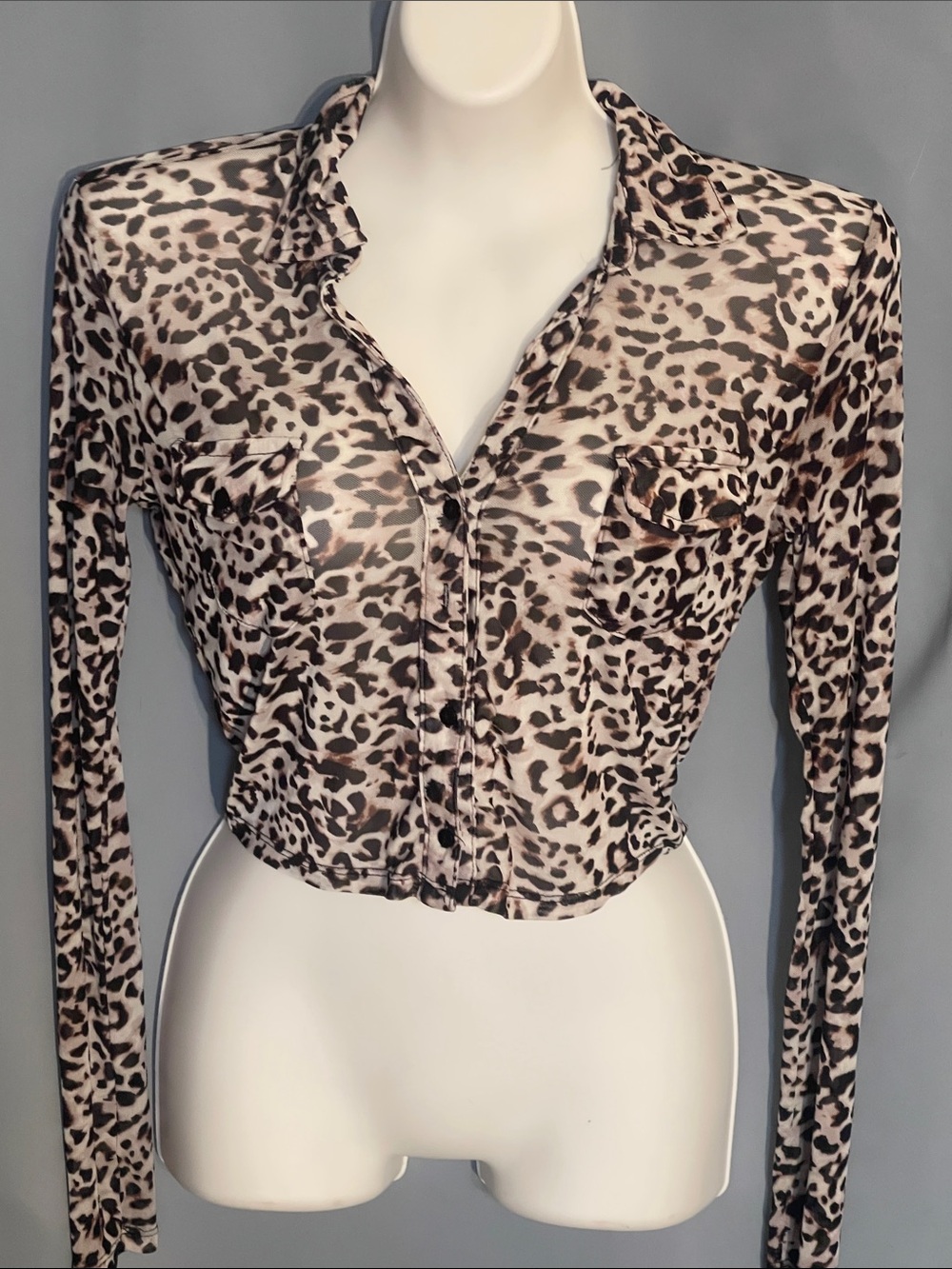 Active USA Leopard Print Button-Front Crop Shirt in Tan and Brown
